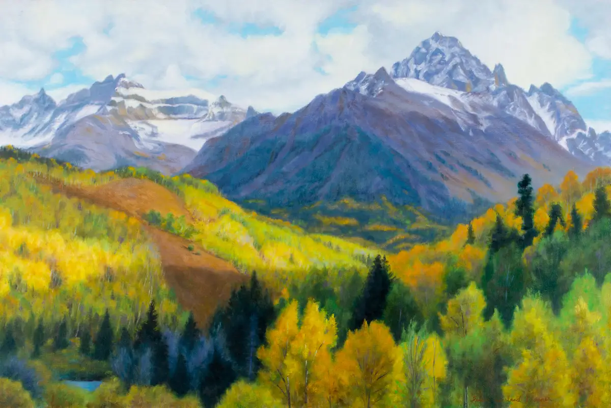 Colors of Fall, an oil painting of an autumn valley below a snow-capped peak by Teresa Garland Warner
