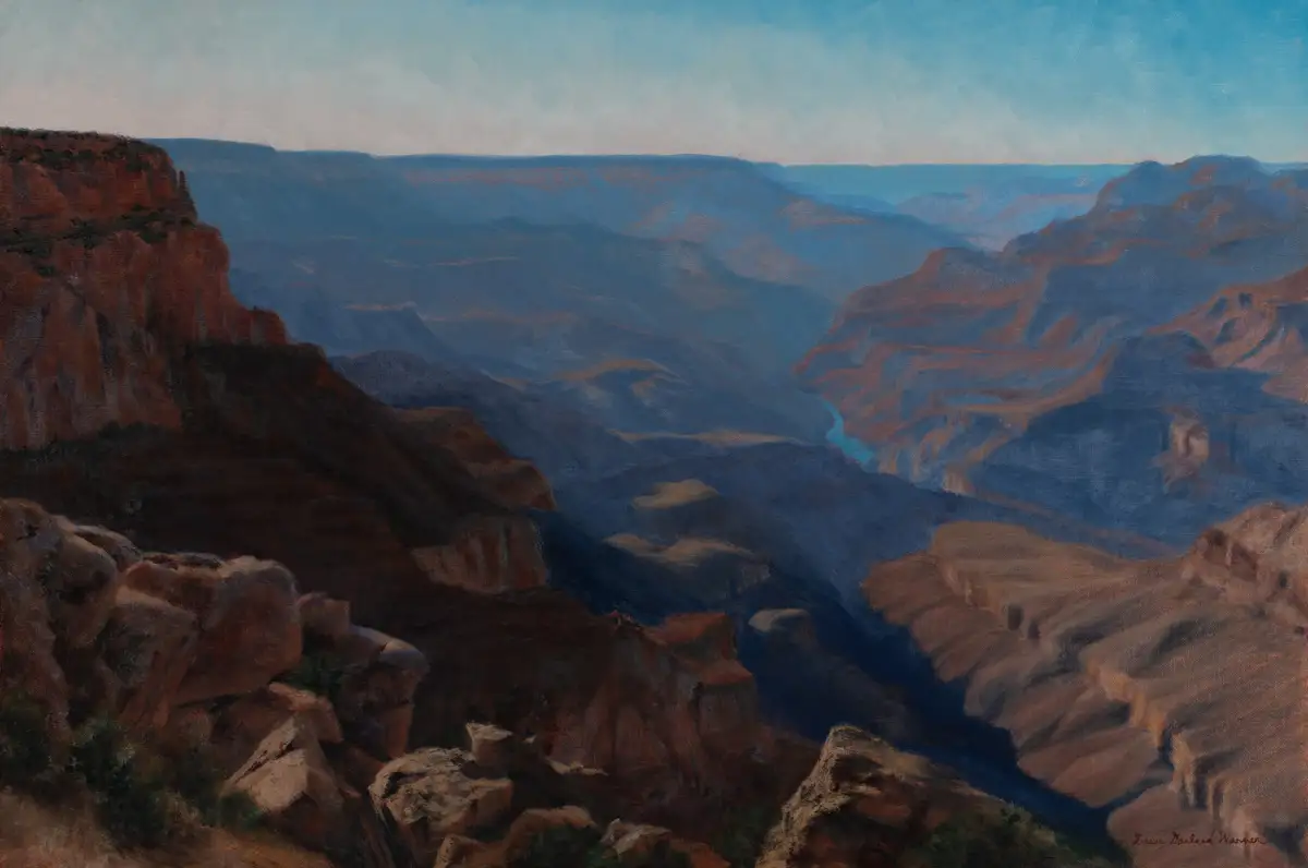 Grand Canyon, an oil painting of layered blue canyon walls receding into haze by Teresa Garland Warner
