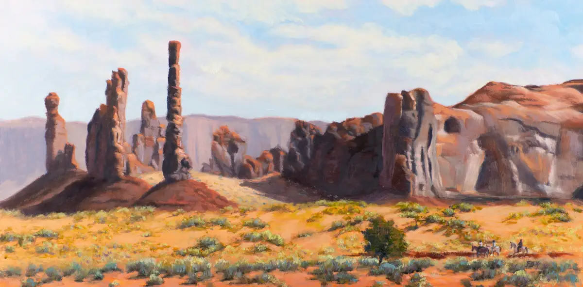 Monument Valley, an oil painting of red sandstone buttes above desert scrub by Teresa Garland Warner