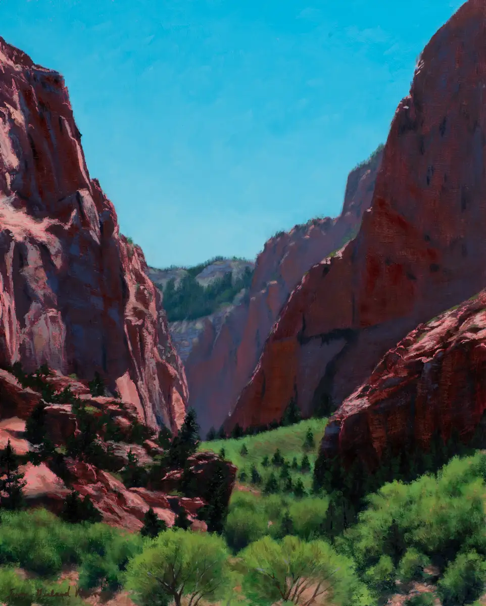 Radiance, an oil painting of a snow-lit mountain canyon by Teresa Garland Warner