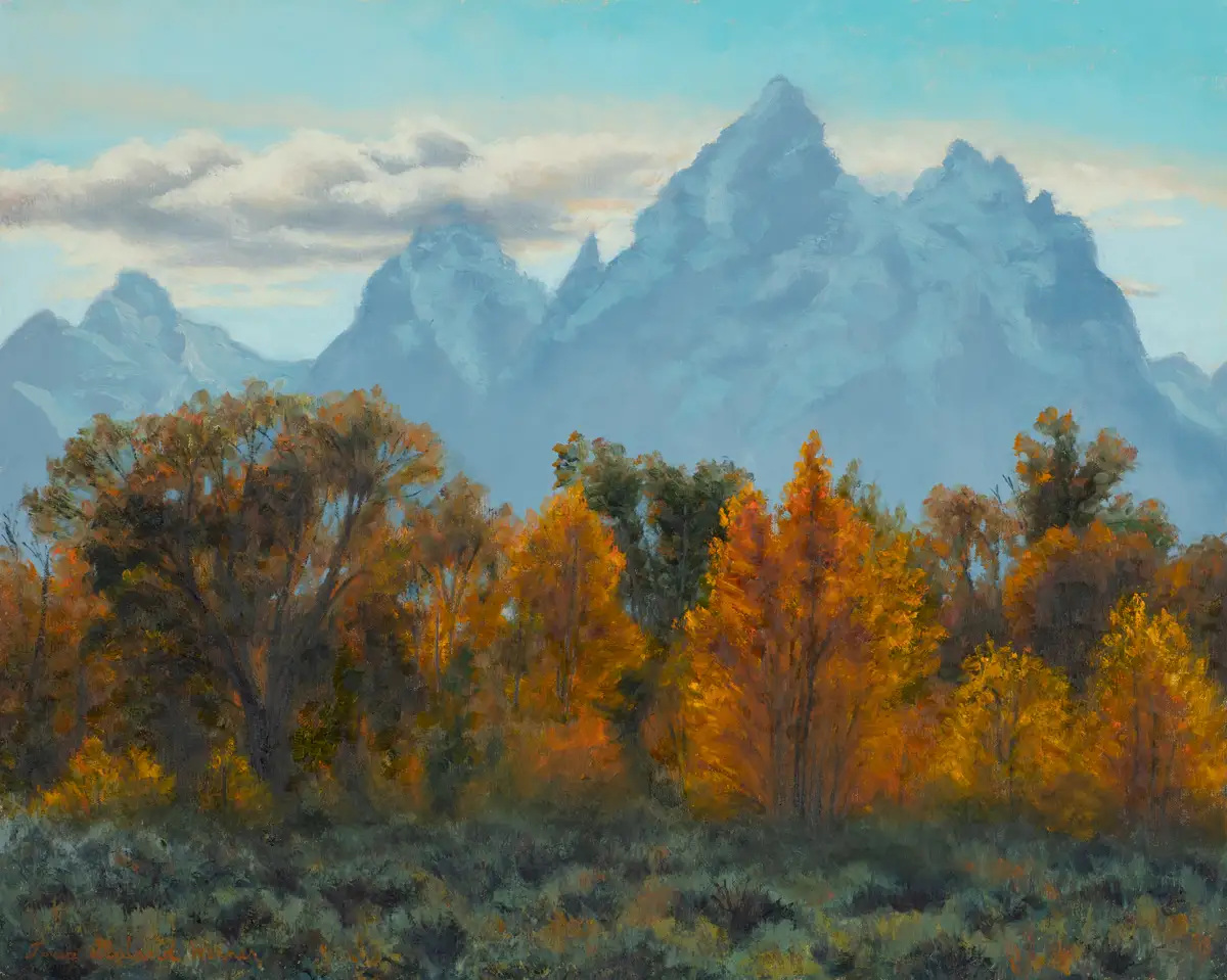 Tetons in Autumn, an oil painting of the Teton range above golden cottonwoods by Teresa Garland Warner