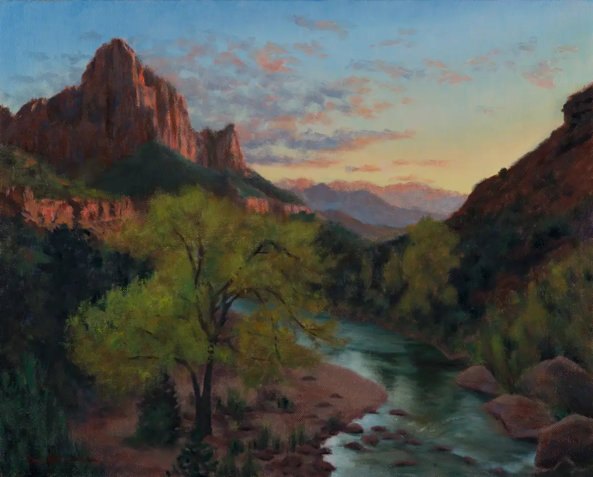 Watchman, Zion, an oil painting of the Watchman formation above the Virgin River at dusk by Teresa Garland Warner